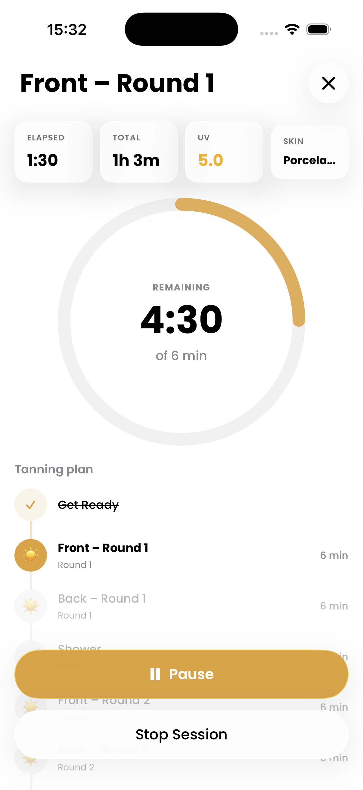 Sunly tanning session with a live countdown timer for the current round