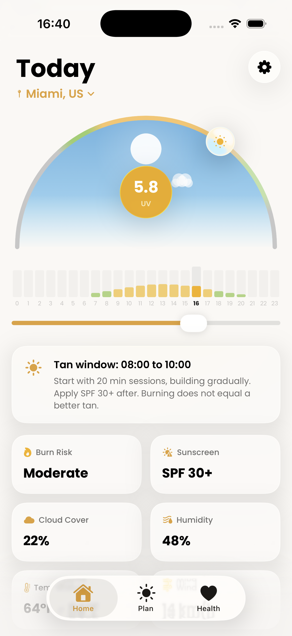 Sunly home screen showing the live UV index and your safe window