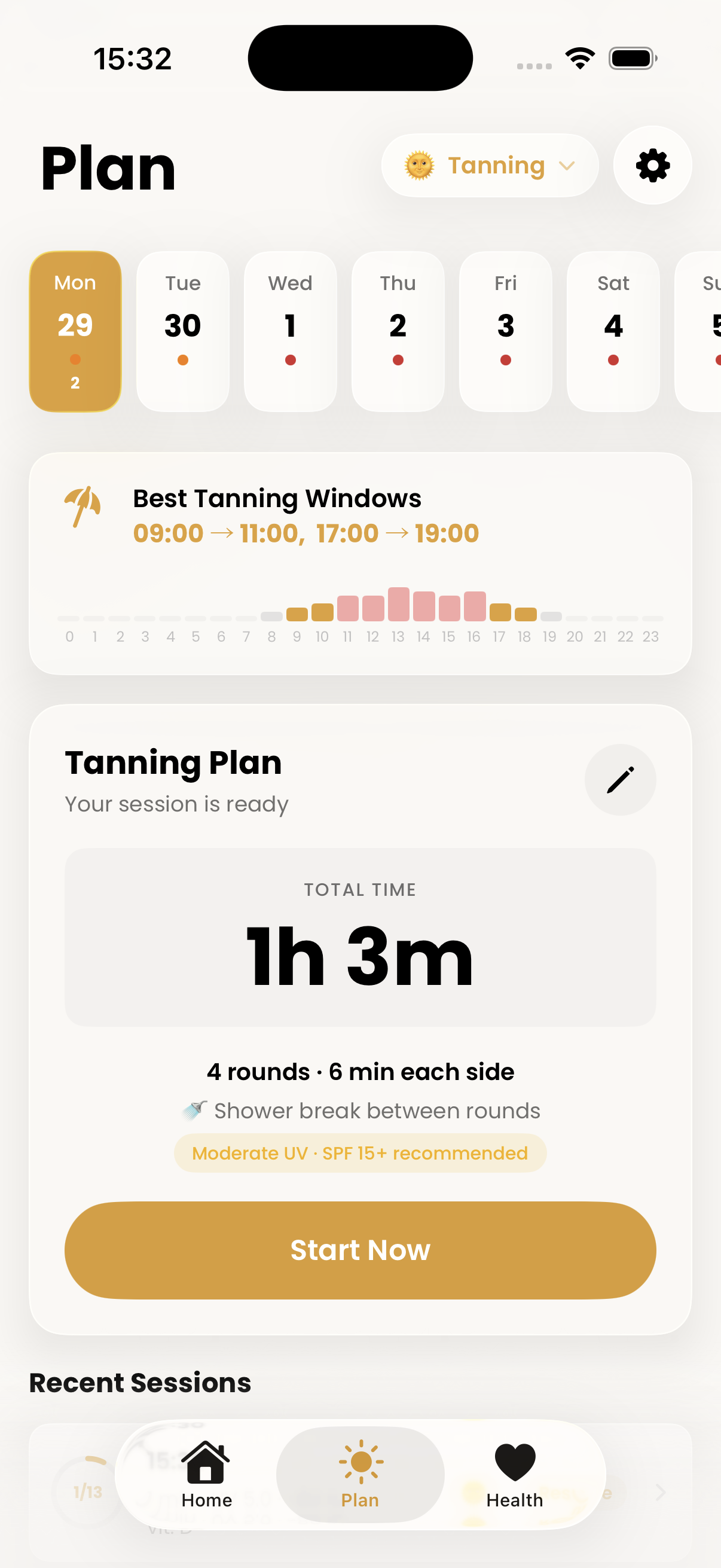 Sunly tanning plan with the best tanning windows and a timed session